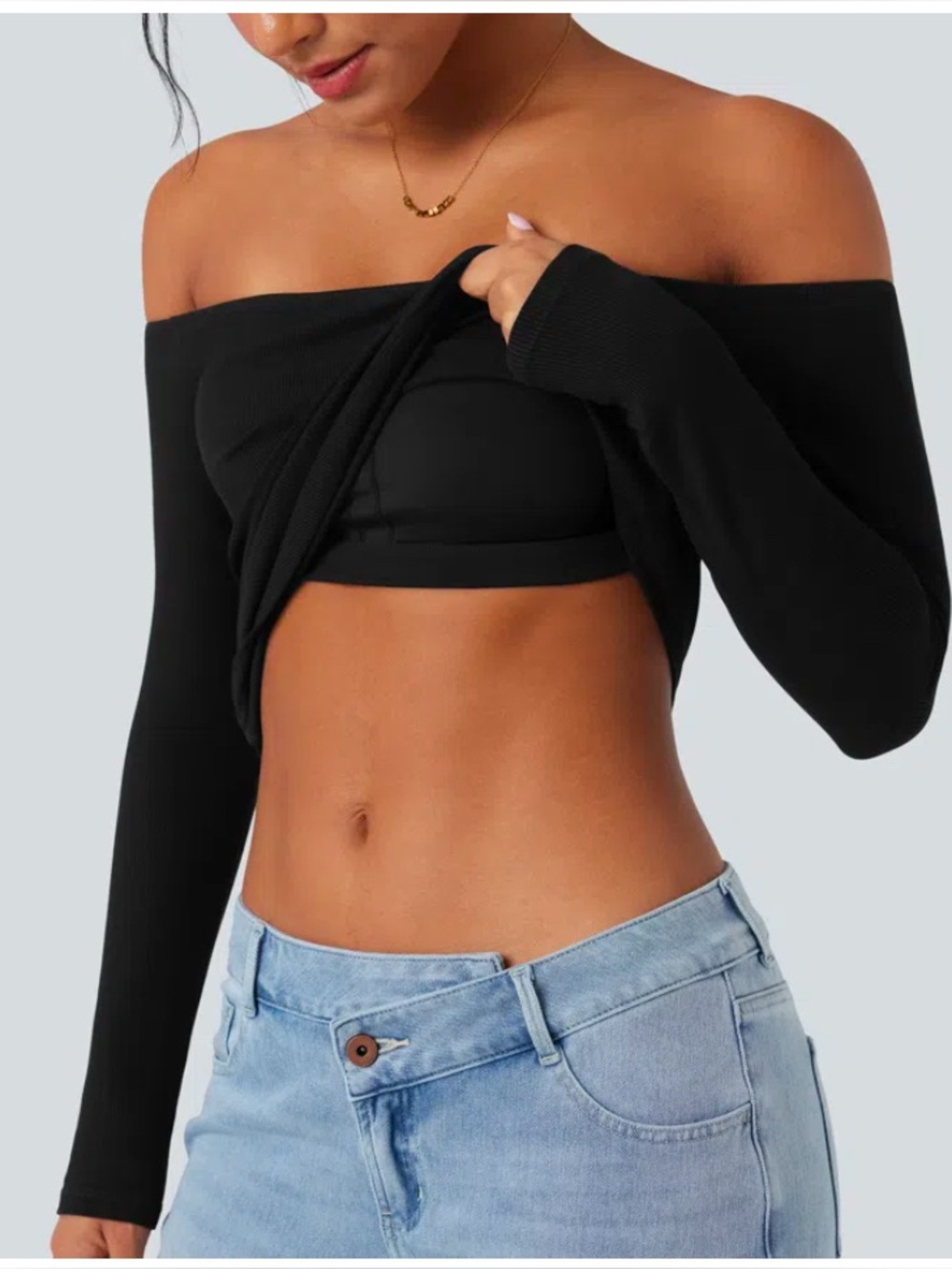 💕HALARA💕 Ribbed Knit Off Shoulder Long Sleeve 2-in-1 Casual Top